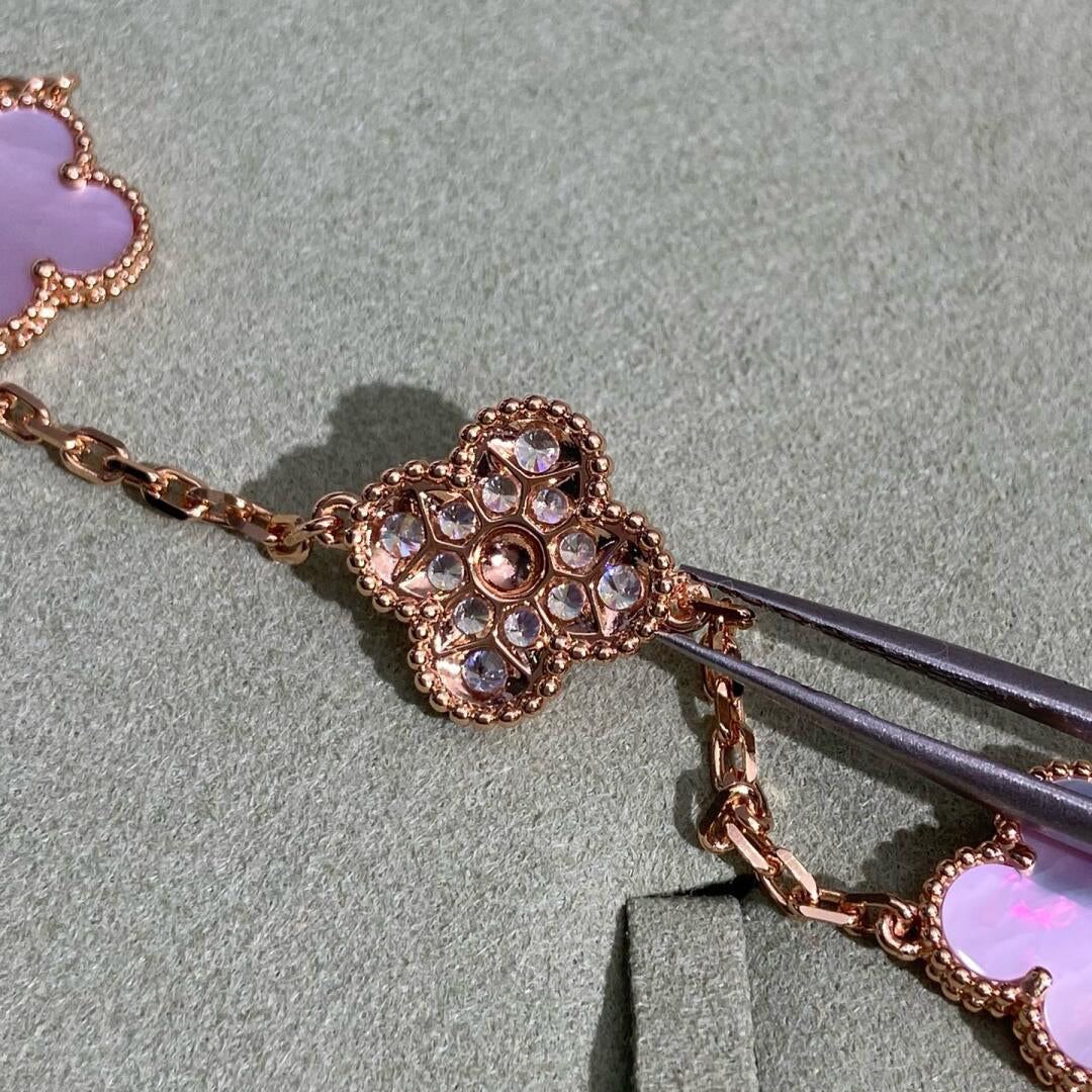 [Angela Jewelry]CLOVER 10 MOTIFS DIAMOND PINK MOP NECKLACE