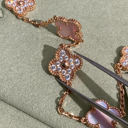 [Angela Jewelry]CLOVER 10 MOTIFS DIAMOND PINK MOP NECKLACE
