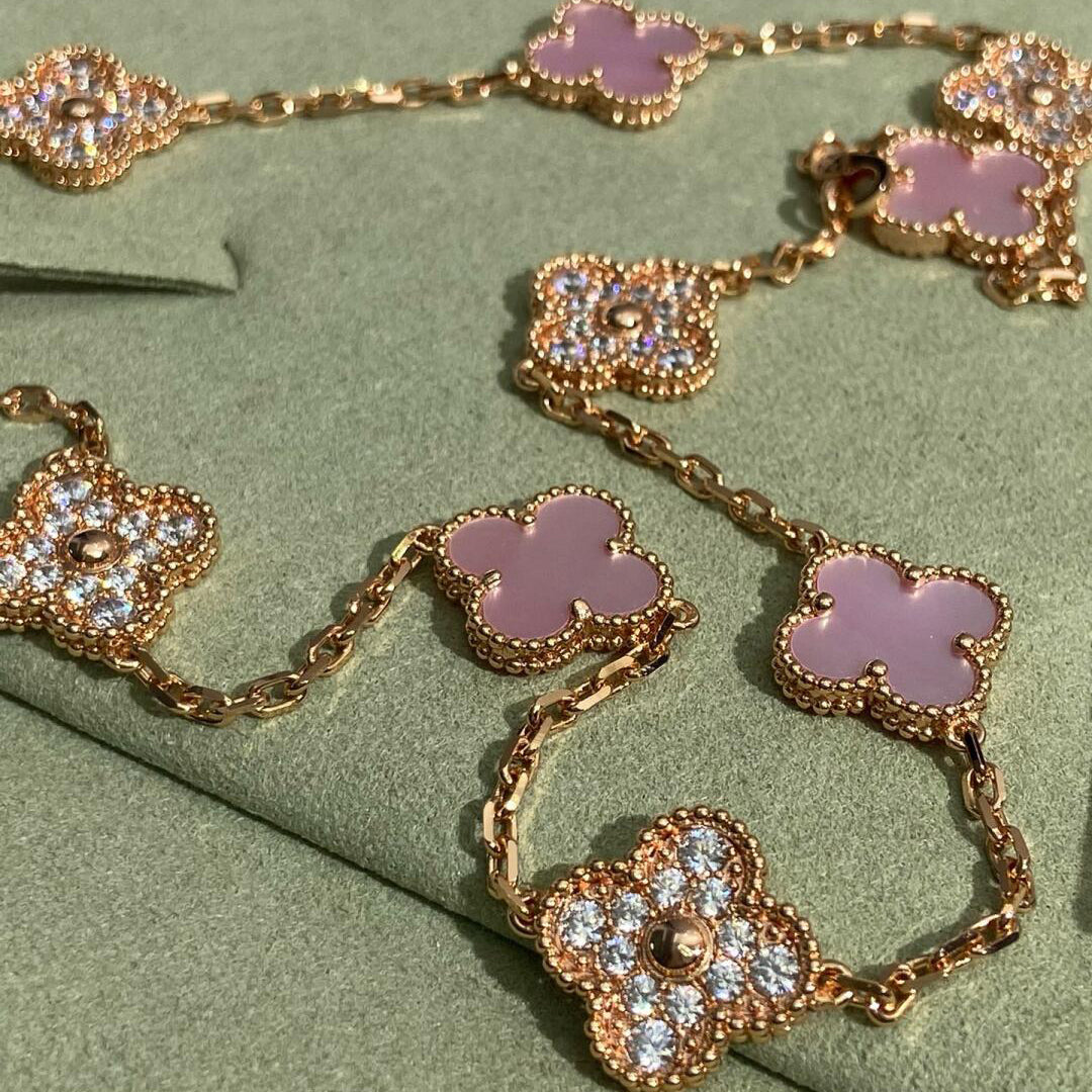 [Angela Jewelry]CLOVER 10 MOTIFS DIAMOND PINK MOP NECKLACE