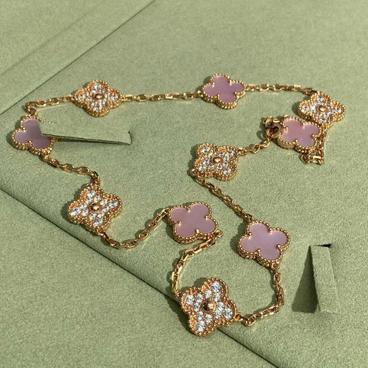 [Angela Jewelry]CLOVER 10 MOTIFS DIAMOND PINK MOP NECKLACE