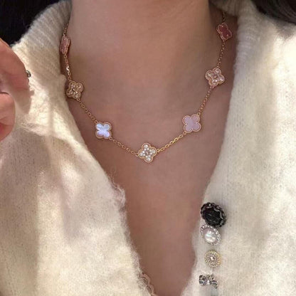 [Angela Jewelry]CLOVER 10 MOTIFS DIAMOND PINK MOP NECKLACE