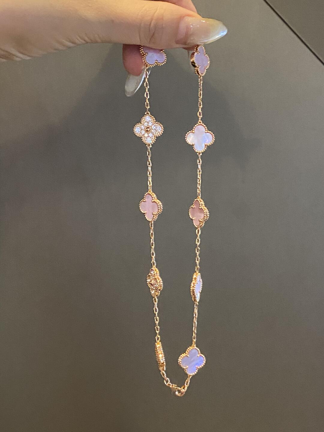 [Angela Jewelry]CLOVER 10 MOTIFS DIAMOND PINK MOP NECKLACE