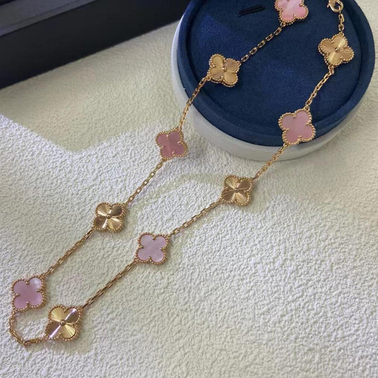[Angela Jewelry]CLOVER 10 MOTIFS  LASER PINK MOP NECKLACE