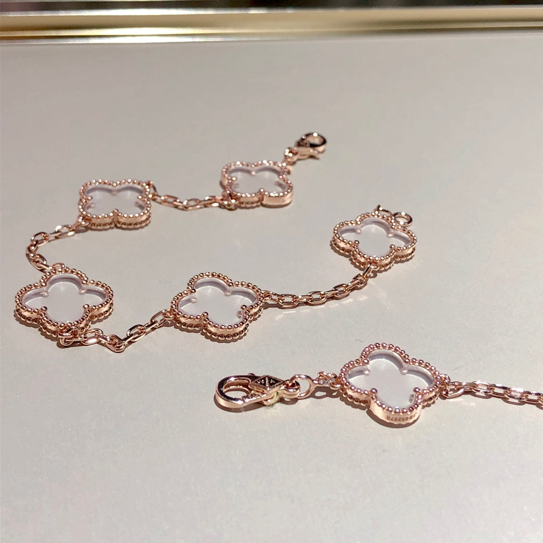 [アンジェラジュエリー]クローバー5モチーフロッククリスタルピンクゴールドブレスレット