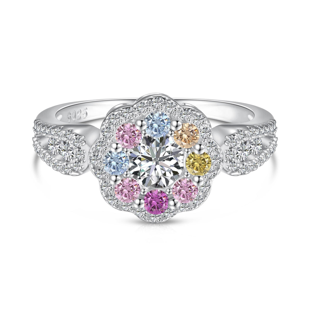 Angela Jewelry]Zarter, farbenfroher Ehering in Blumenform mit rundem Schliff