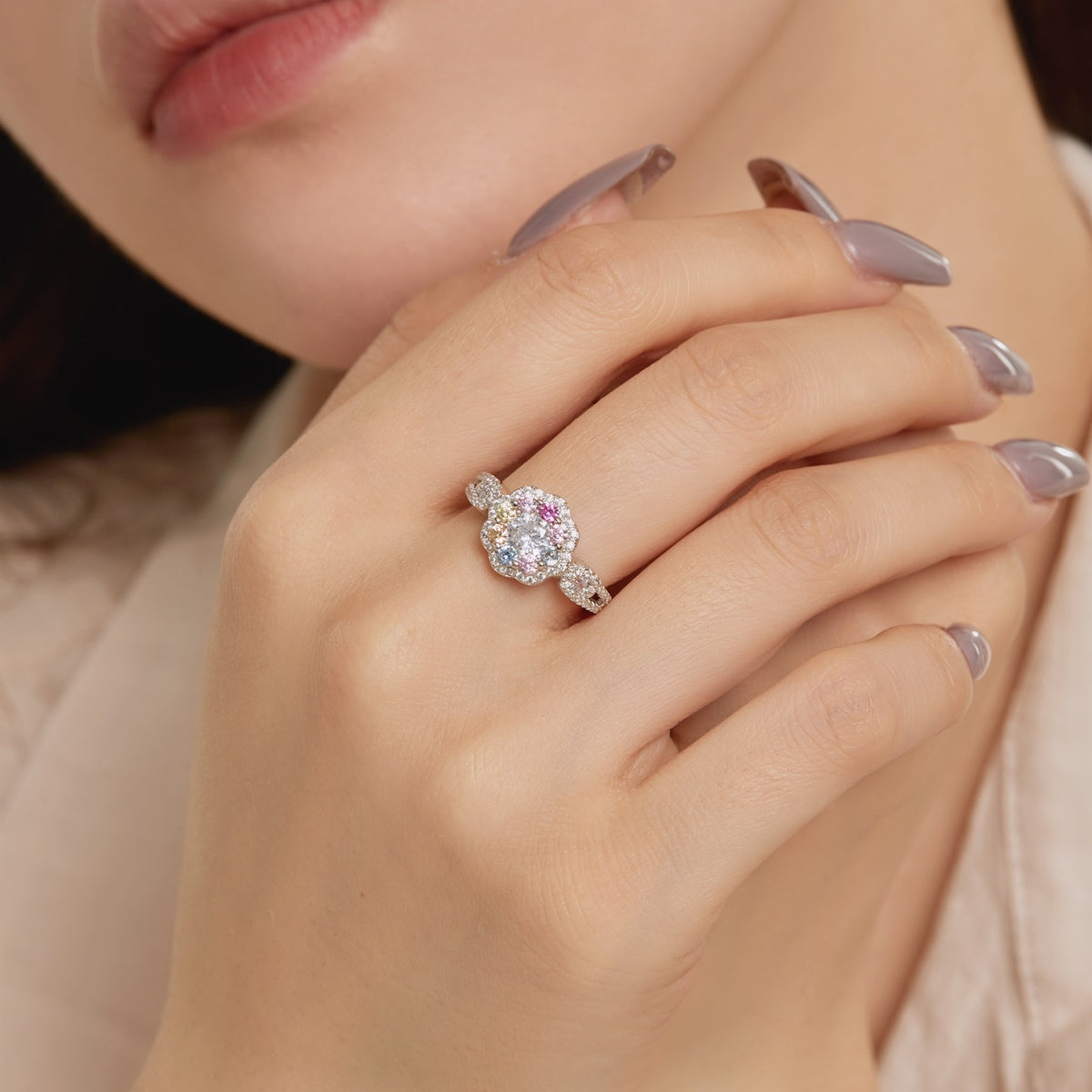 [Angela Jewelry]Delicate Colorful Round Cut Flower Shape Wedding Ring