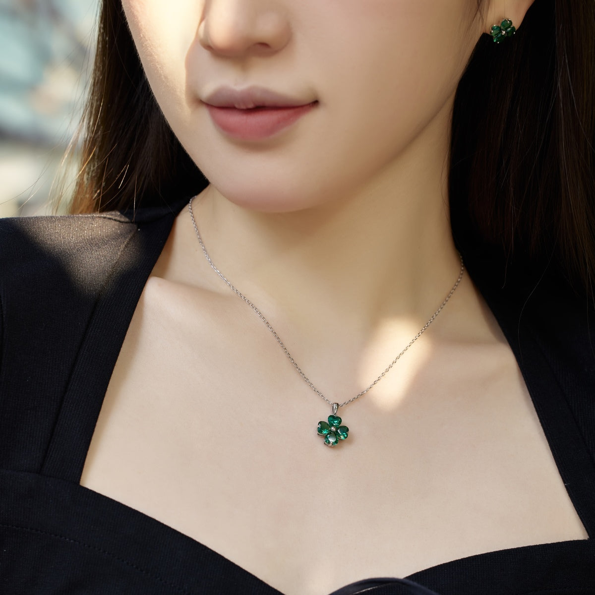 [Angela Jewelry]Heart-Shaped Four-Leaf Clover Bead Necklace