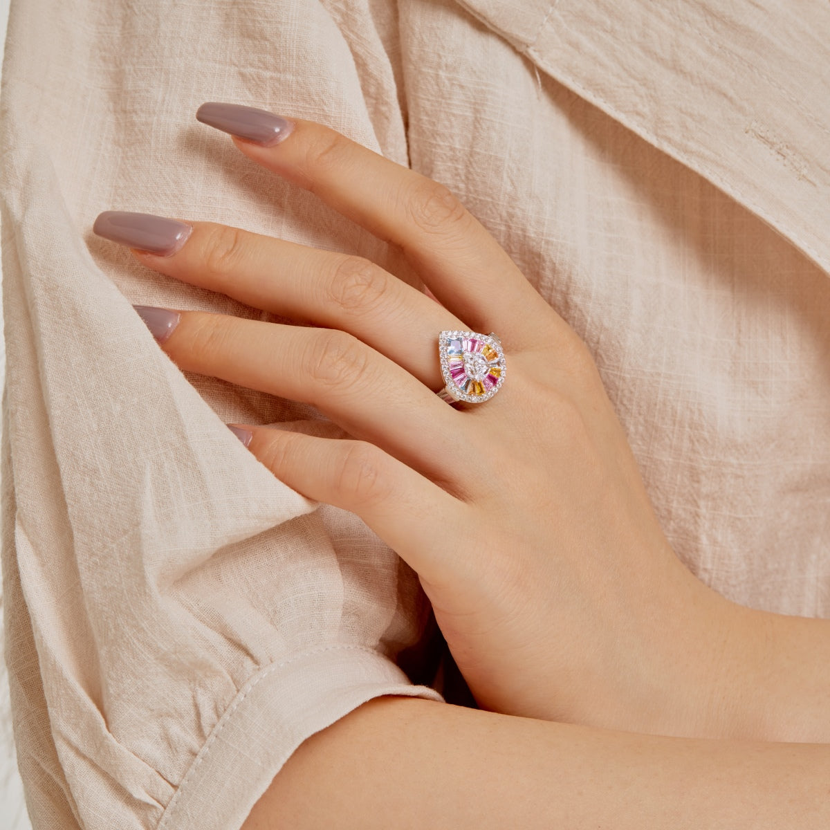 [Angela Jewelry]Elegant Colorful Water Drop Shape Banquet Ring