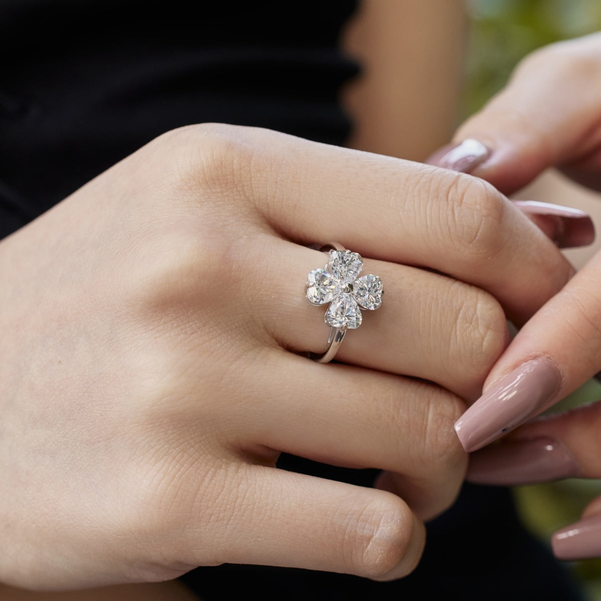 [Angela Jewelry]Heart-shaped Four-Leaf Clover Ball Ring