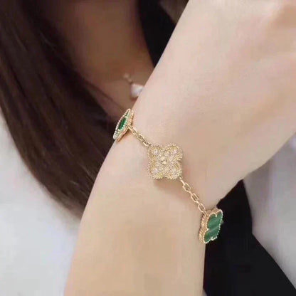[アンジェラジュエリー]クローバー5モチーフマラカイトダイヤモンドブレスレット