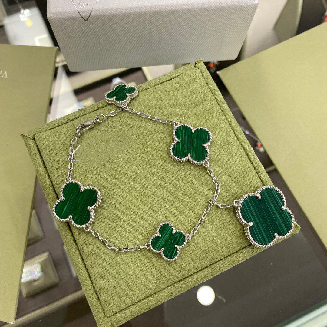 [アンジェラジュエリー]クローバー5モチーフシルバーマラカイトブレスレット