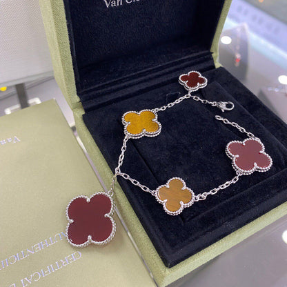 [アンジェラジュエリー]クローバー5モチーフシルバーカーネリアンタイガーアイブレスレット