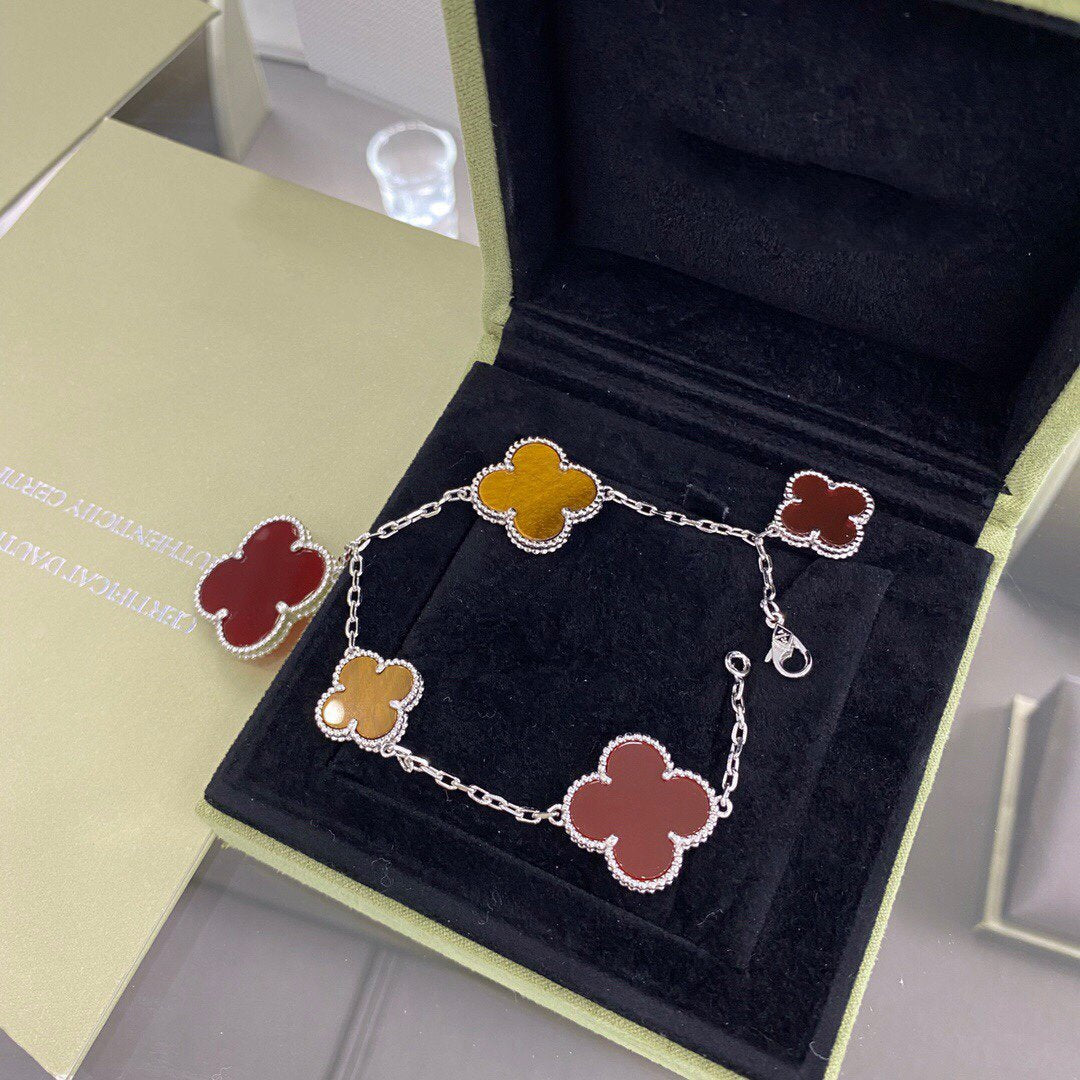 [アンジェラジュエリー]クローバー5モチーフシルバーカーネリアンタイガーアイブレスレット
