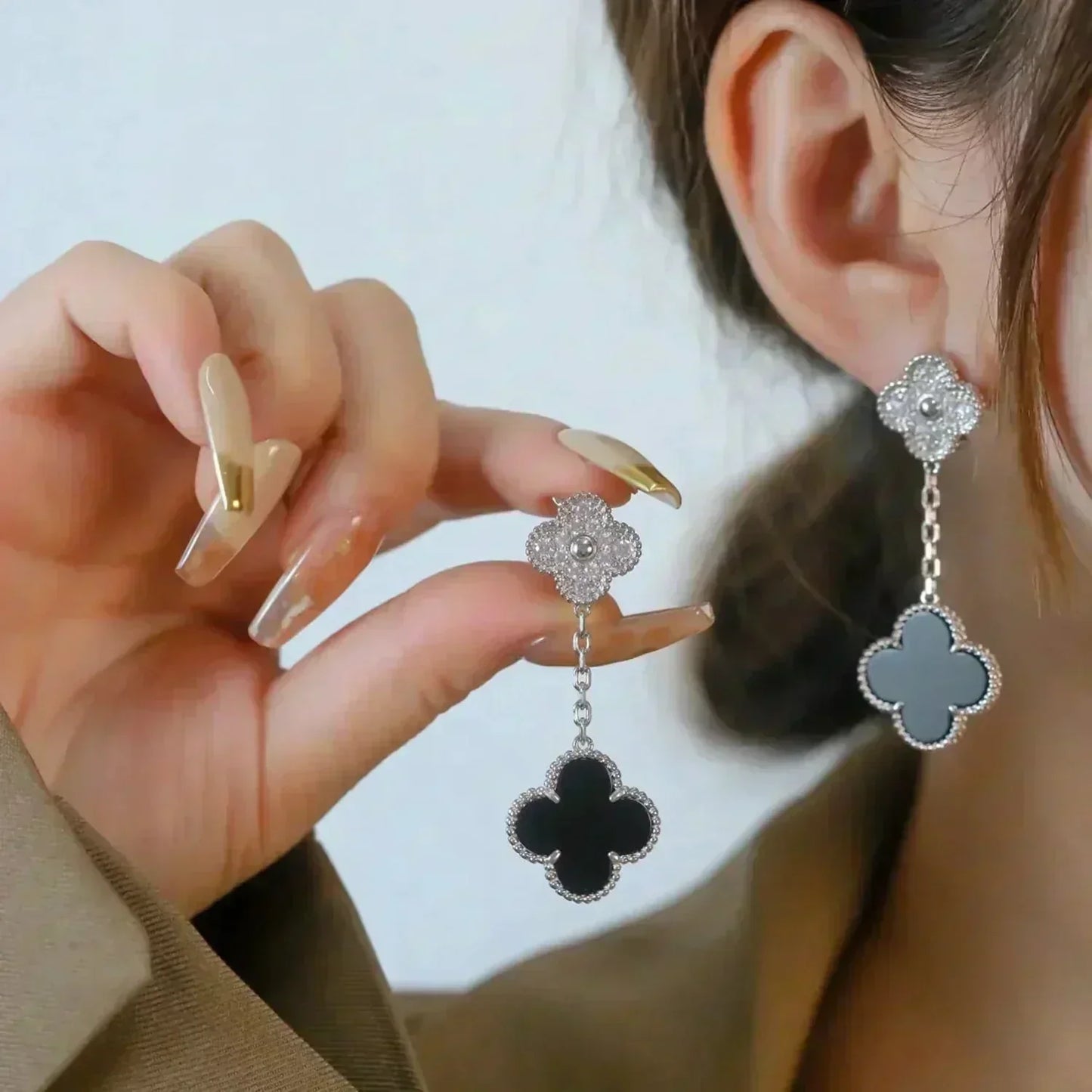 [アンジェラジュエリー]クローバー 2モチーフ ダイヤモンド オニキス イヤリング シルバー