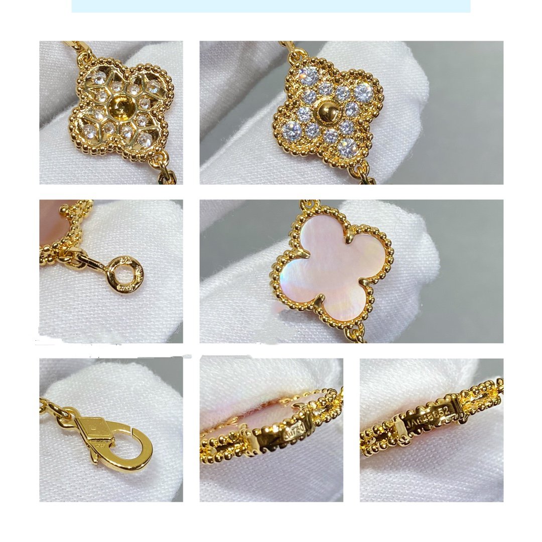 [アンジェラジュエリー]クローバー 5モチーフ ダイヤモンド ピンクモップ ピンクゴールド ブレスレット