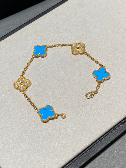 [Angela Schmuck]Klee 5 Motiv Blau Chalzedon Diamant Gold Armband 