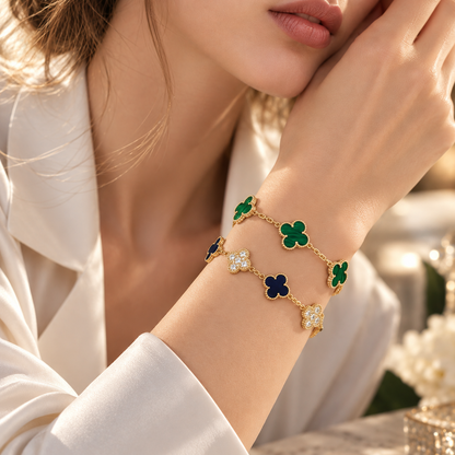 [Angela Jewelry]Clover 5-Motif Malachite & Pietersite Bracelet Stack Set