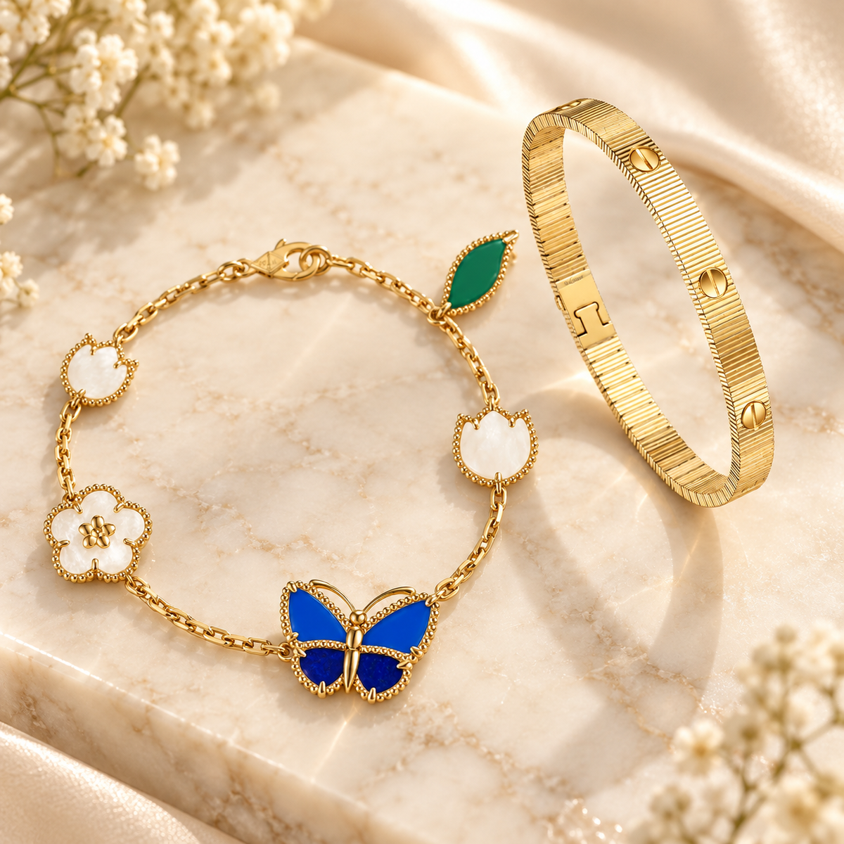 [Angela Jewelry] Lucky Spring Butterfly 5-Motif & LOVE Unlimited Bracelet Stack Set