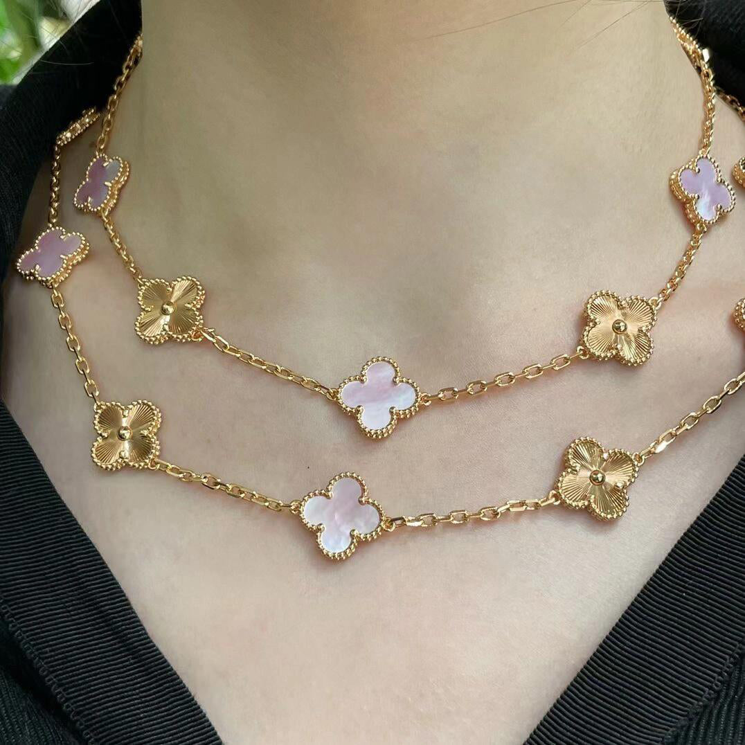 [Angela Jewelry]CLOVER 20 MOTIFS LASER PINK MOP NECKLACE