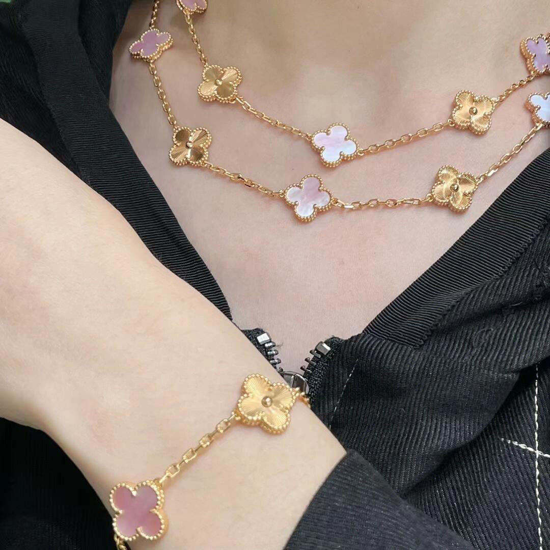 [Angela Jewelry]CLOVER 20 MOTIFS LASER PINK MOP NECKLACE