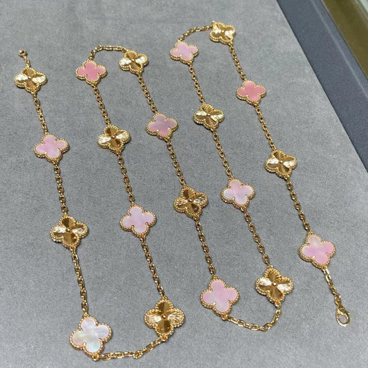 [Angela Jewelry]CLOVER 20 MOTIFS LASER PINK MOP NECKLACE