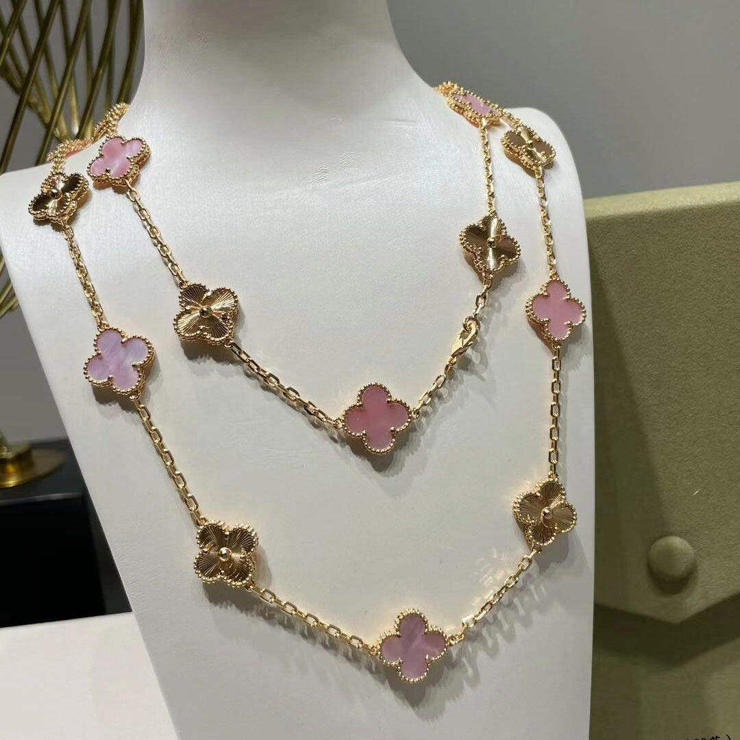 [Angela Jewelry]CLOVER 20 MOTIFS LASER PINK MOP NECKLACE