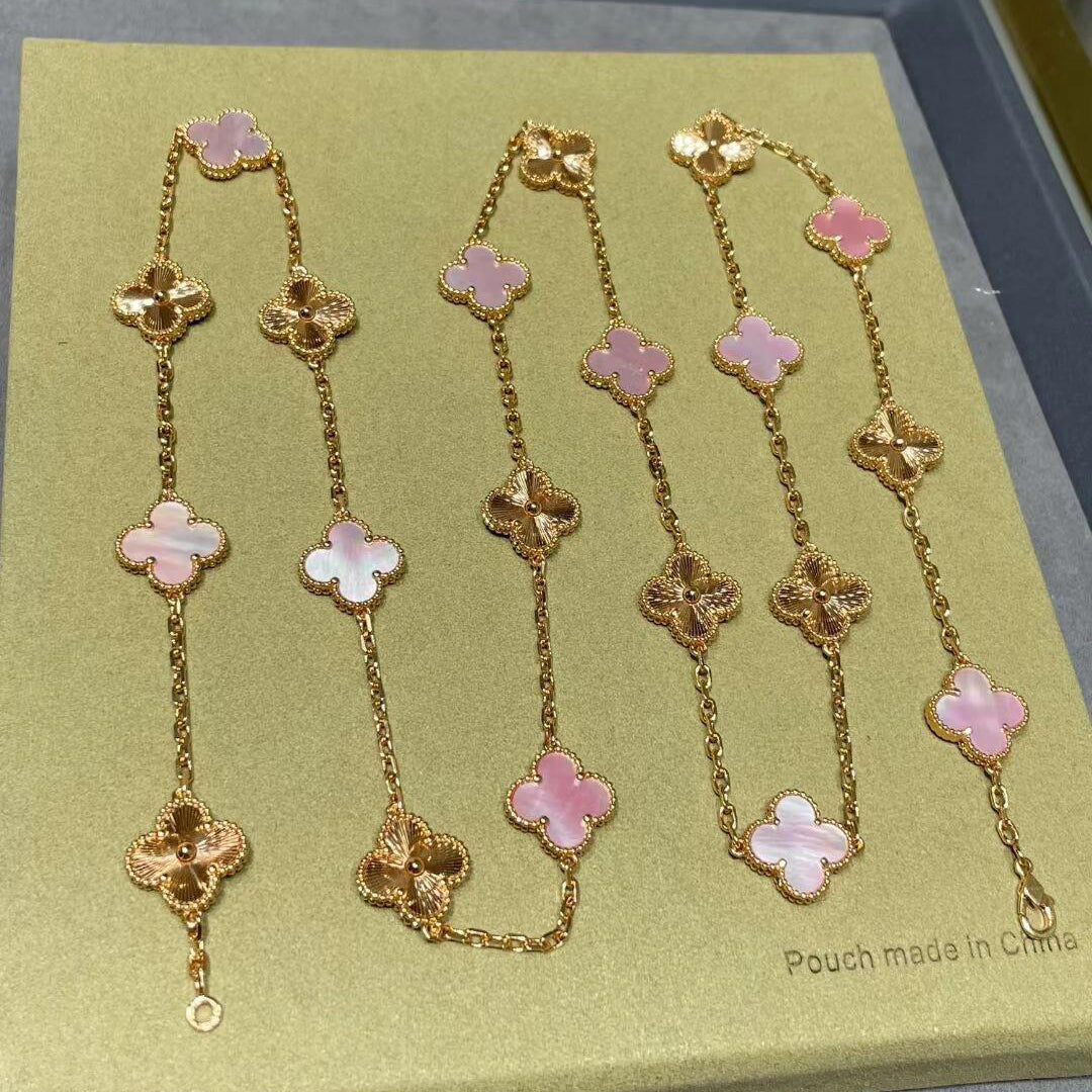 [Angela Jewelry]CLOVER 20 MOTIFS LASER PINK MOP NECKLACE