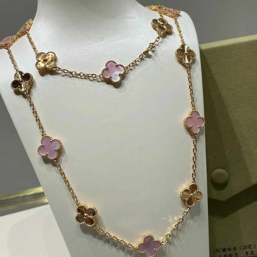 [Angela Jewelry]CLOVER 20 MOTIFS LASER PINK MOP NECKLACE