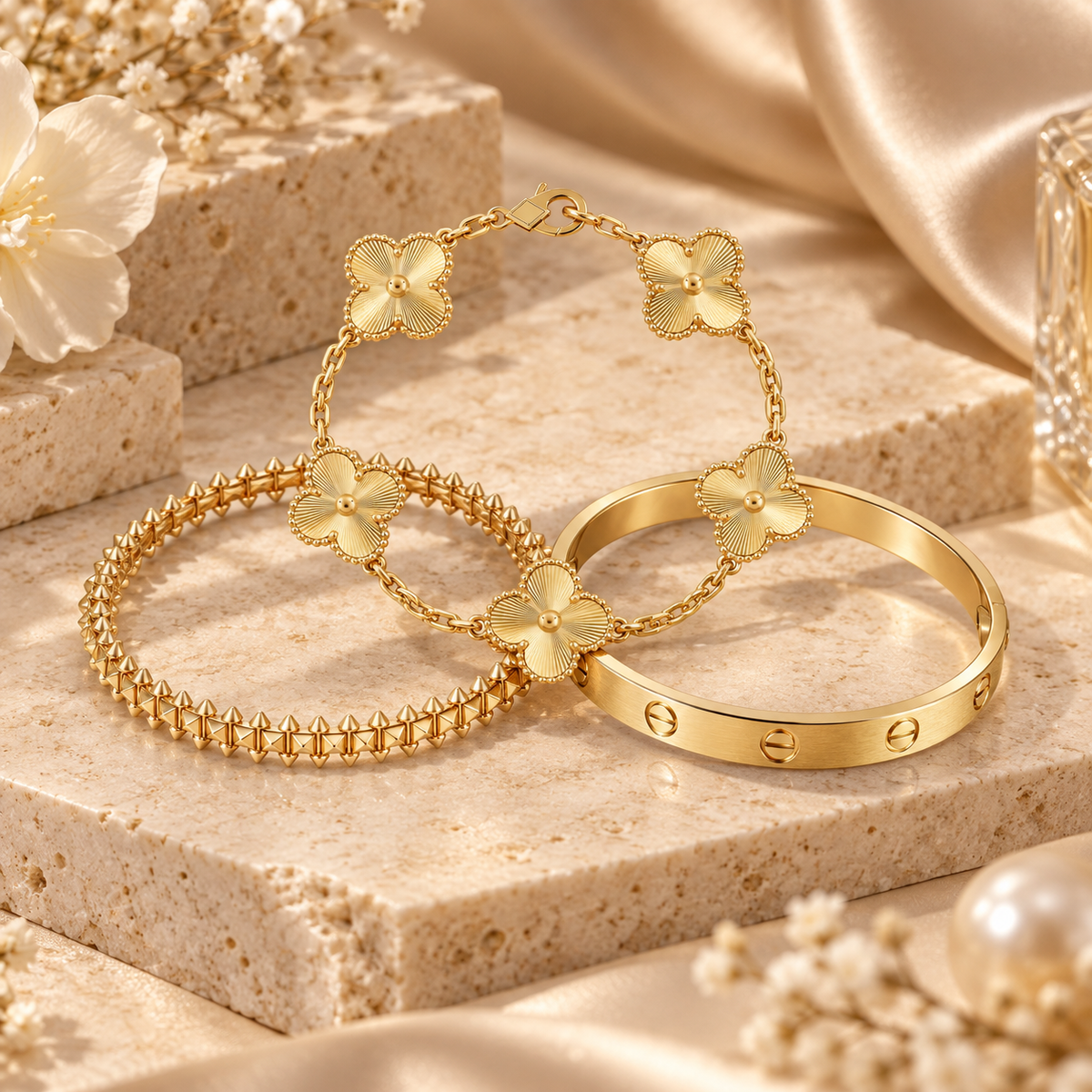 [Angela Jewelry] CLASH & Clover Laser 5-Motif & LOVE Brushed Bracelet Stack Set