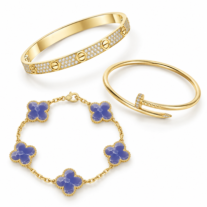 [Angela Jewelry] LOVE & JUSTE & Blue Veins Clover 5-Motif Diamond Bracelet Stack Set
