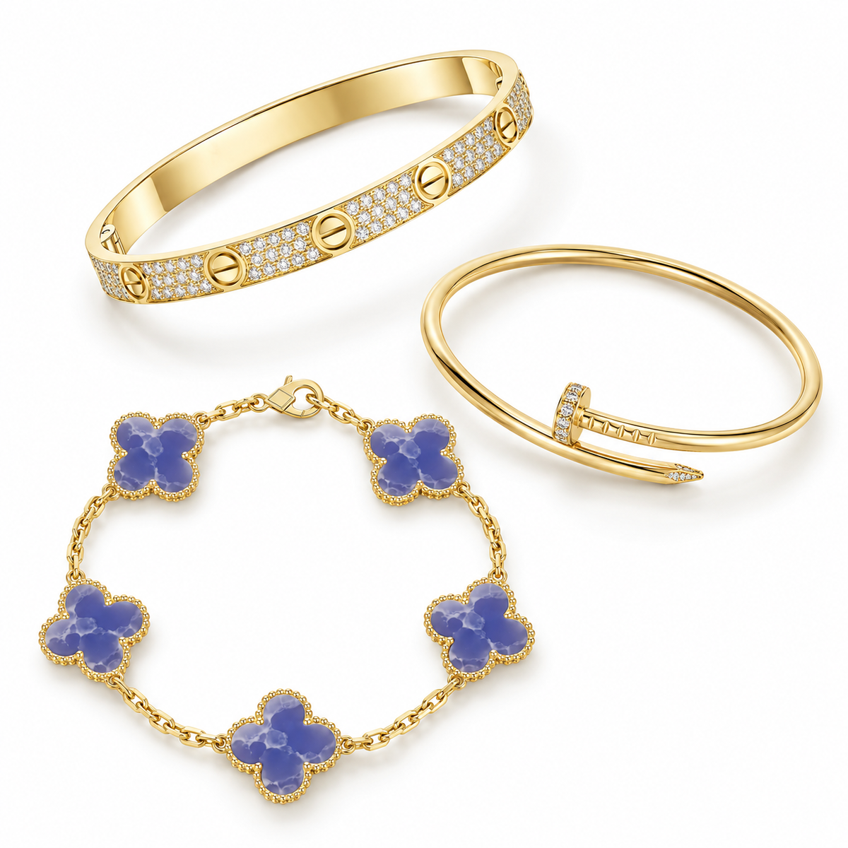 [Angela Jewelry] LOVE & JUSTE & Blue Veins Clover 5-Motif Diamond Bracelet Stack Set