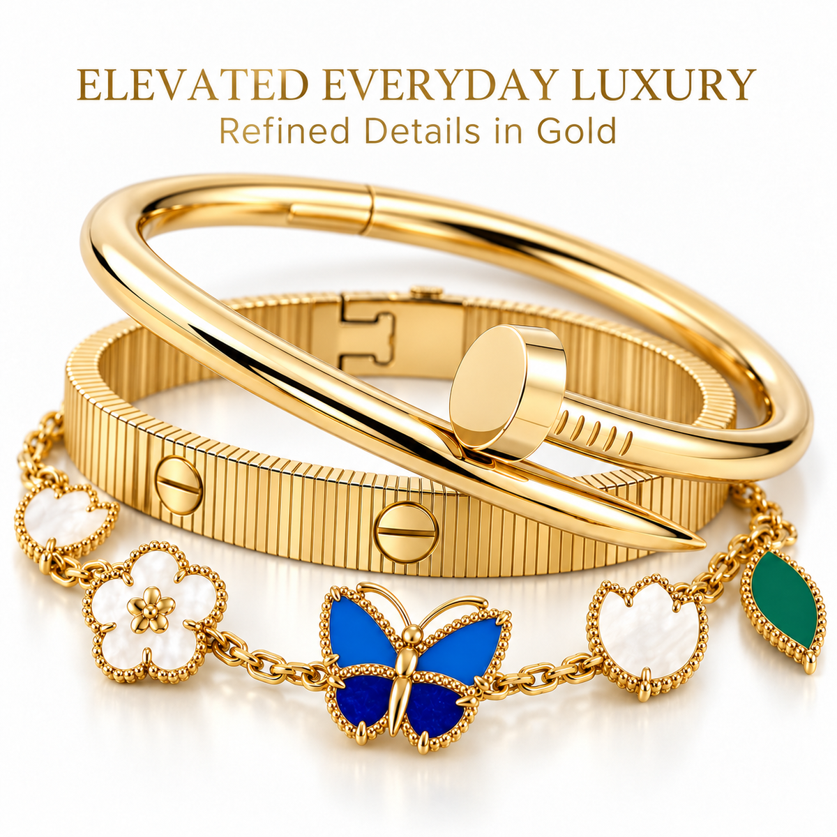 [Angela Jewelry]Clover Lucky Spring & Love & Juste Garden 3-Piece  Bracelet Stack Set