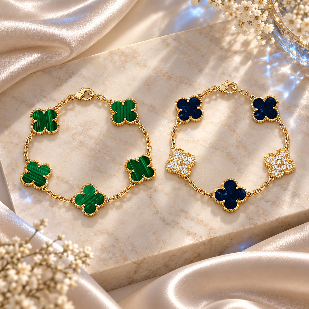 [Angela Jewelry]Clover 5-Motif Malachite & Pietersite Bracelet Stack Set
