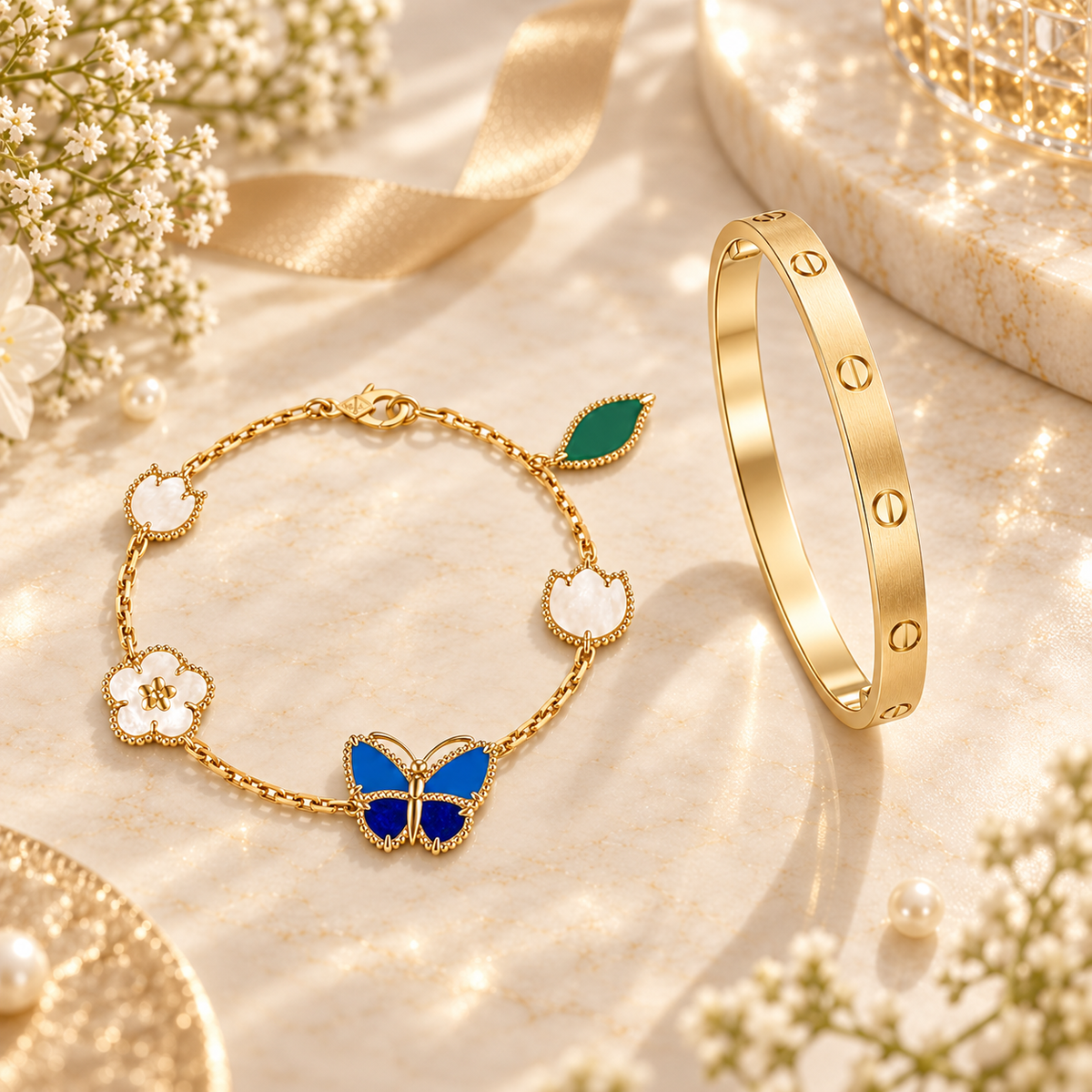 [Angela Jewelry] LOVE Brushed & Lucky Spring Butterfly 5-Motif Bracelet Stack Set