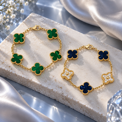 [Angela Jewelry]Clover 5-Motif Malachite & Pietersite Bracelet Stack Set