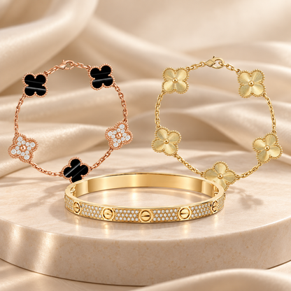 [Angela Jewelry]Clover Laser  Pulsar Stone 5-Motif & LOVE Diamond-Paved Bracelet Stack Set