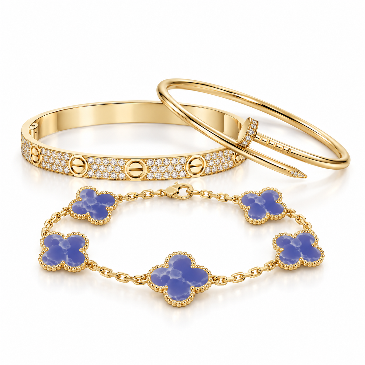 [Angela Jewelry] LOVE & JUSTE & Blue Veins Clover 5-Motif Diamond Bracelet Stack Set