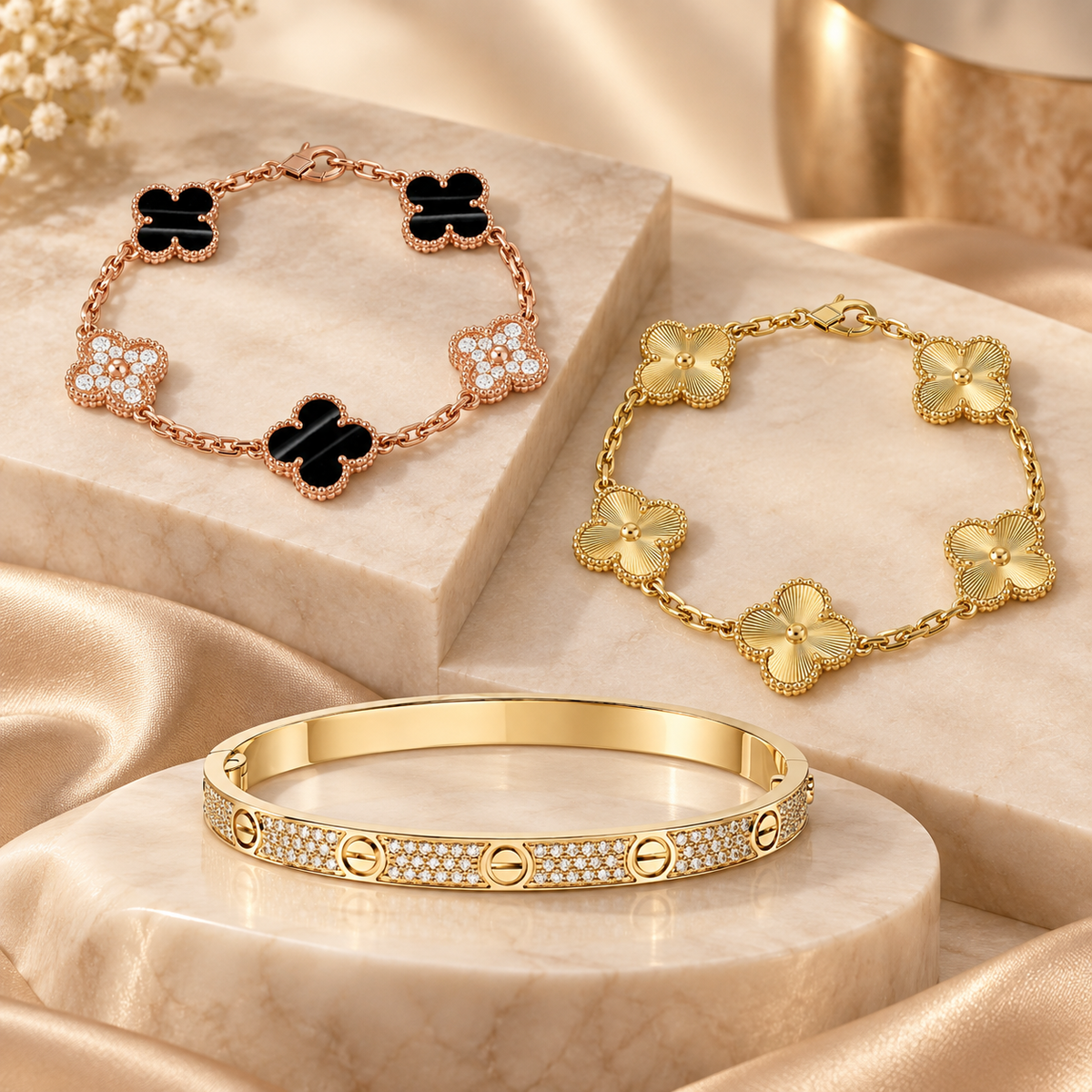 [Angela Jewelry]Clover Laser  Pulsar Stone 5-Motif & LOVE Diamond-Paved Bracelet Stack Set
