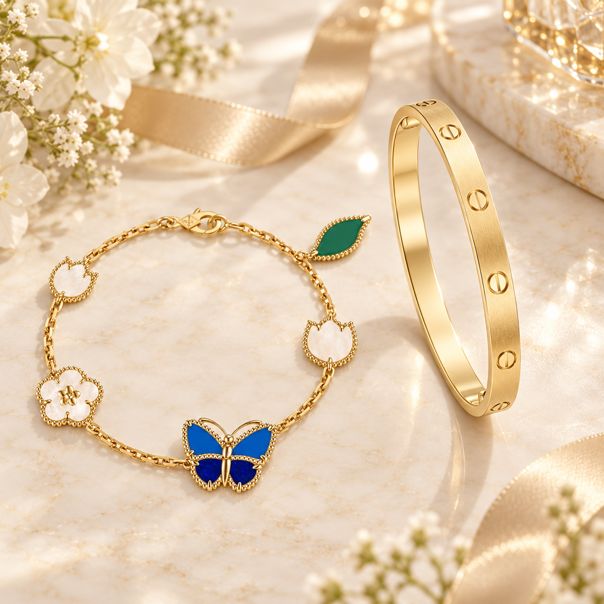 [Angela Jewelry] LOVE Brushed & Lucky Spring Butterfly 5-Motif Bracelet Stack Set