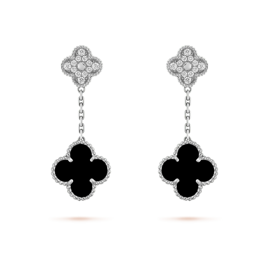 [Angela Jewellery]CLOVER 2 MOTIFS  DIAMOND ONYX EARRINGS SILVER