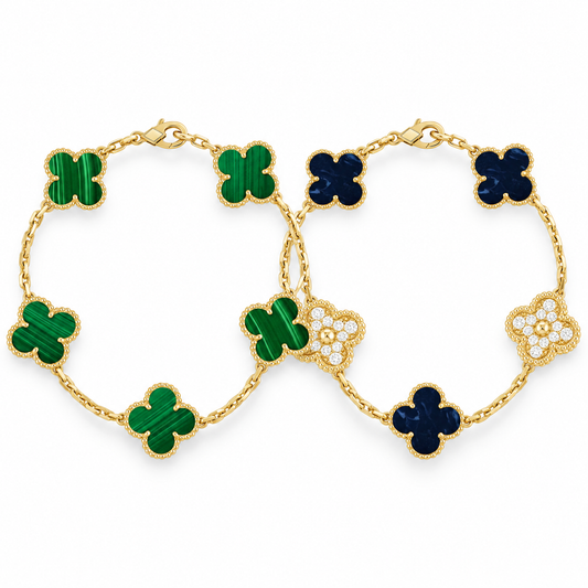 [Angela Jewelry]Clover 5-Motif Malachite & Pietersite Bracelet Stack Set