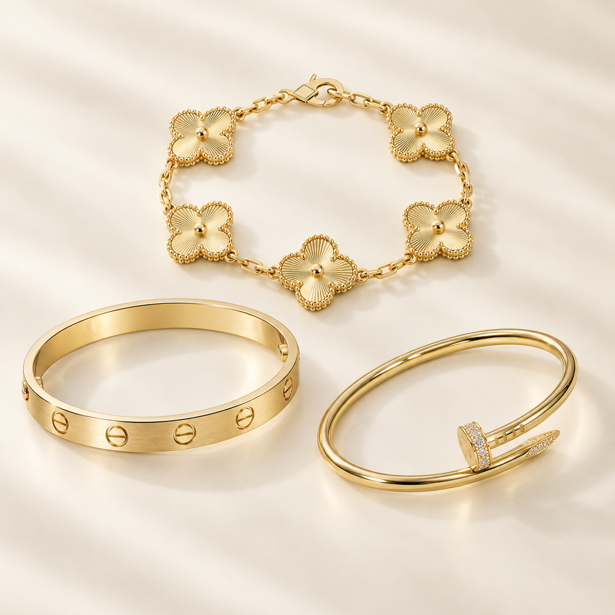 [Angela Jewelry] Clover & Love & Juste 3-Piece Gold Bracelet Stack Set