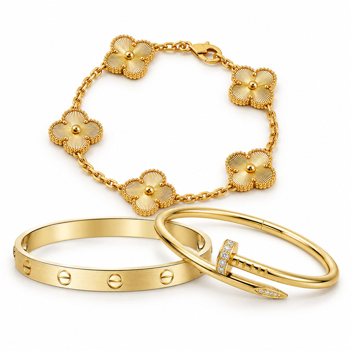 [Angela Jewelry] Clover & Love & Juste 3-Piece Gold Bracelet Stack Set