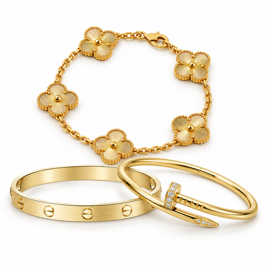 [Angela Jewelry] Clover & Love & Juste 3-Piece Gold Bracelet Stack Set
