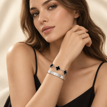 [Angela Jewelry]Clover & Love Sliver 2-Piece Bracelet Stack Set