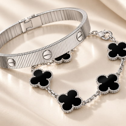 [Angela Jewelry]Clover & Love Sliver 2-Piece Bracelet Stack Set
