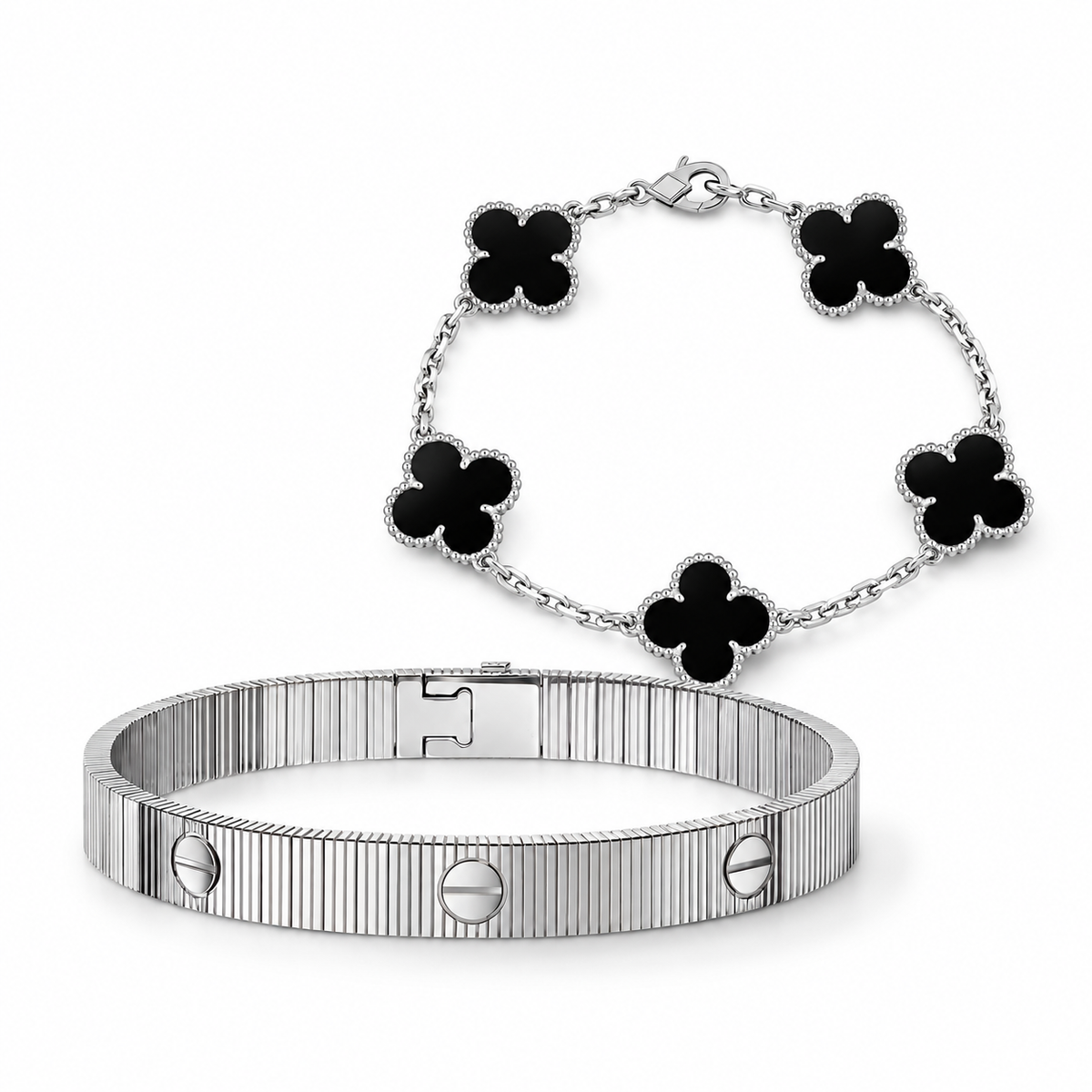 [Angela Jewelry]Clover & Love Sliver 2-Piece Bracelet Stack Set