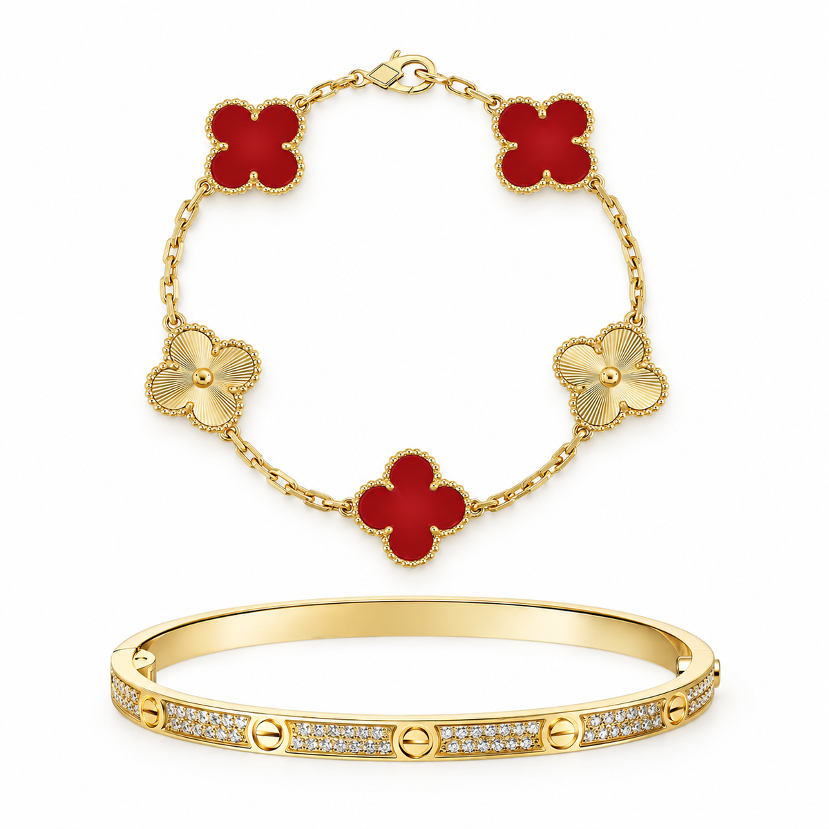 [Angela Jewelry]Clover & Love Diamond-Paved Radiant Line 2-Piece Bracelet Stack Set