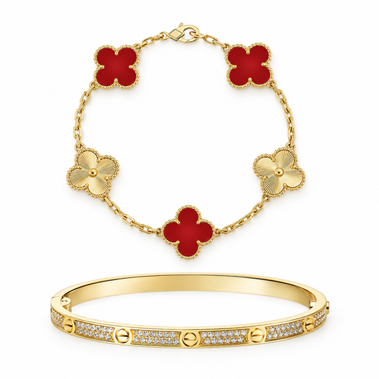 [Angela Jewelry]Clover & Love Diamond-Paved Radiant Line 2-Piece Bracelet Stack Set