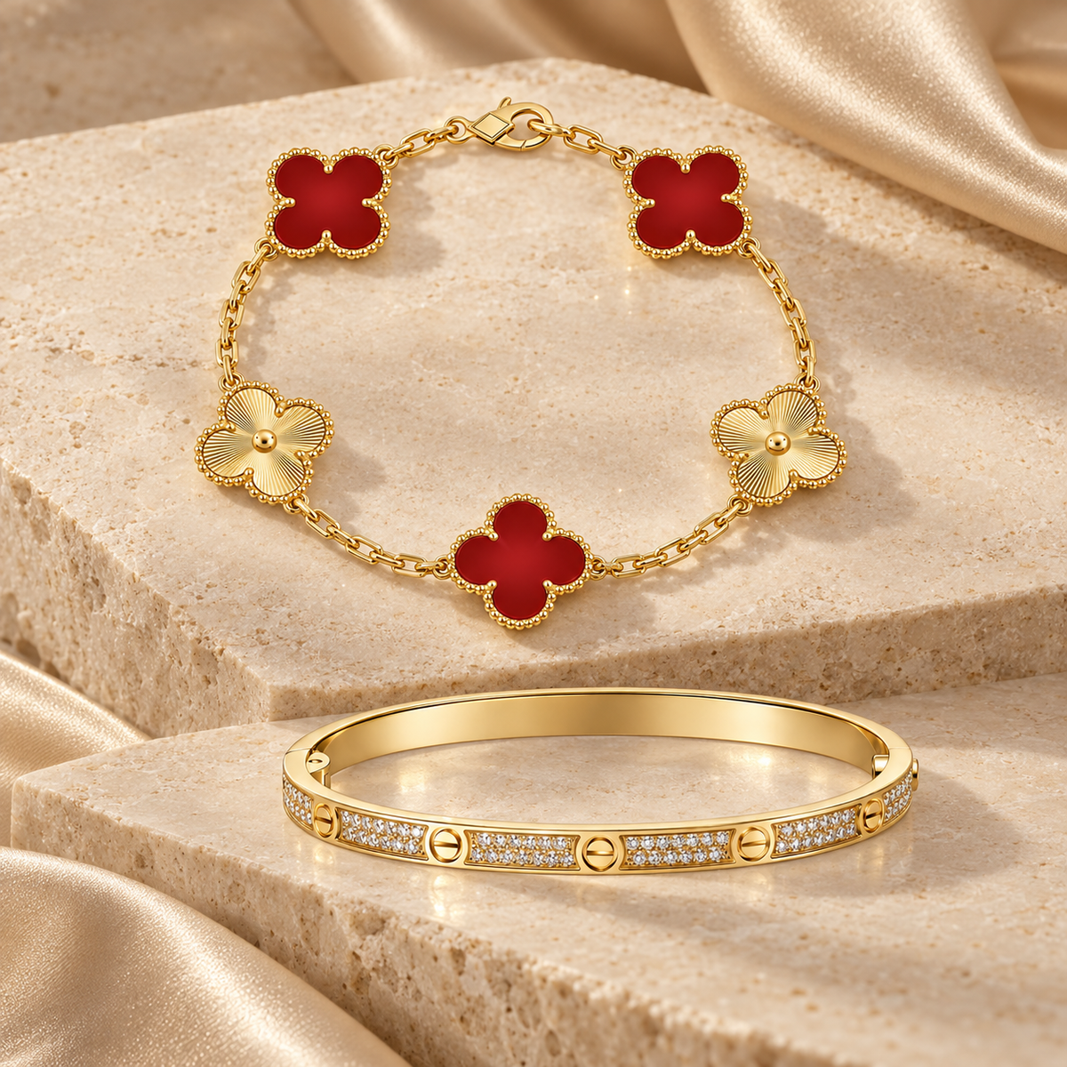 [Angela Jewelry]Clover & Love Diamond-Paved Radiant Line 2-Piece Bracelet Stack Set